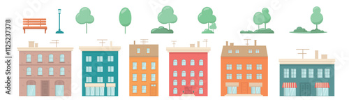 Set with houses exteriors front view with roof, doors and windows, tree. Townhouse building apartment, residential town buildings architecture. Vector illustrations isolated on white background.