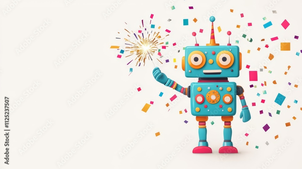 Naklejka premium Colorful robot celebrating with fireworks.