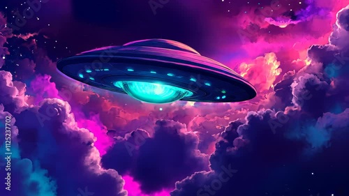 Colorful UFO hovering among vibrant cosmic clouds in a starry sky at night