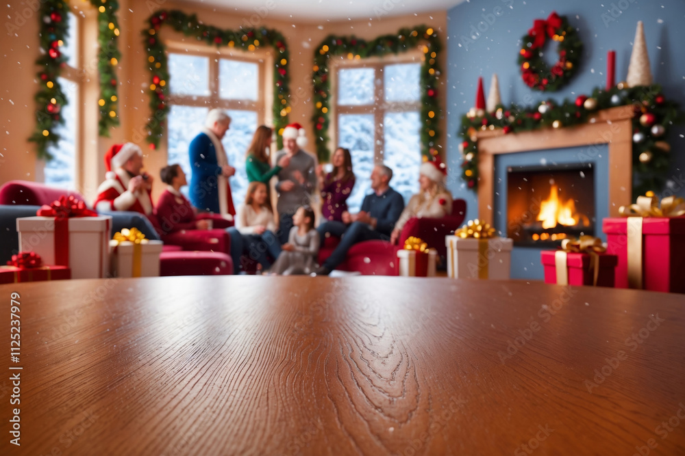 Empty wood table for display product with background blur family with Christmas decorations living room. Empty wood table for display product with background blur family with Christmas decorations living room.