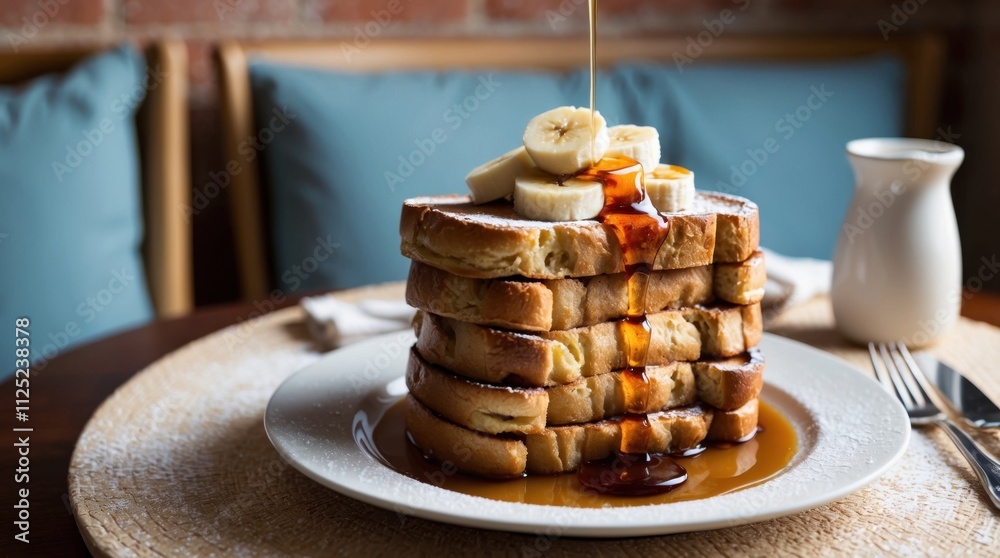 Indulge in delicious french toast cozy indoor setting comfort food experience top view maple syrup drizzle delight