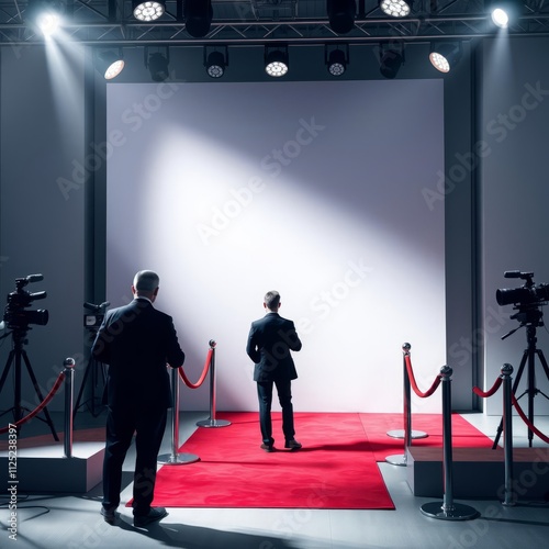 Blank mockup of media wall backdrop next to red carpet brand representation in high profile events celebrities spotlight banner mockup advertising blank business display template photo