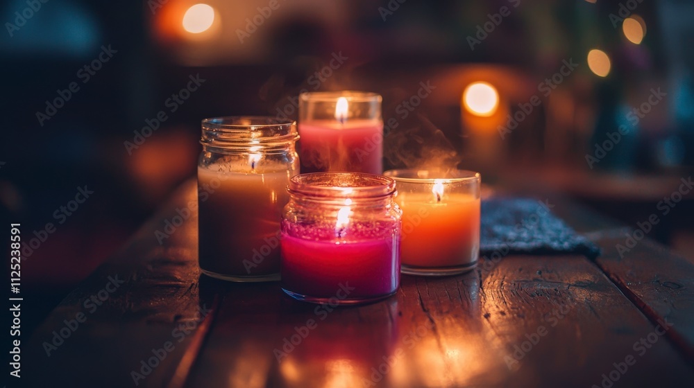 Charming group of scented candles in glass jars on rustic table cozy home atmosphere warm lighting inviting vibe Charming group of scented candles in glass jars on rustic table cozy home atmosphere warm lighting inviting vibe