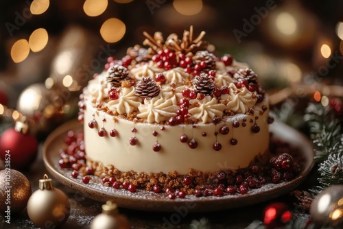 Wallpaper Mural A festive cake adorned with berries, pinecones, and cream, perfect for holiday celebrations. Torontodigital.ca