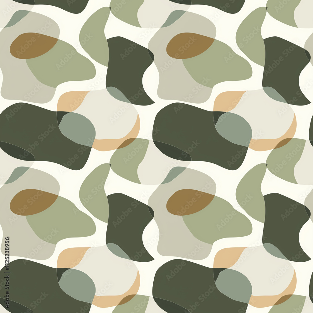 Naklejka premium Abstract organic Seamless pattern featuring soft shapes in muted greens and earthy tones on light background