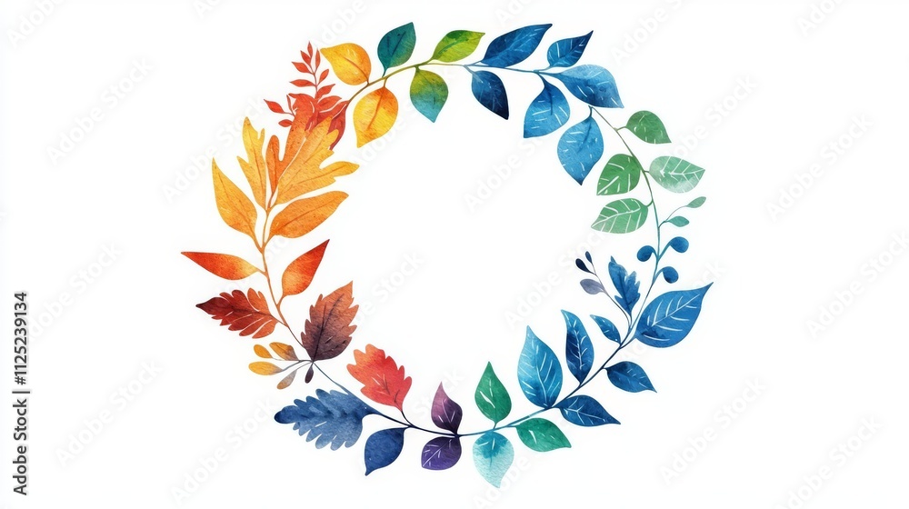 Fototapeta premium Colorful watercolor leaf wreath design.