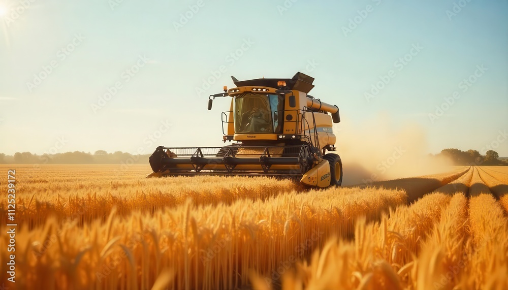 Fototapeta premium Wheat harvesting with combine harvester in bright daylight countryside field agricultural action
