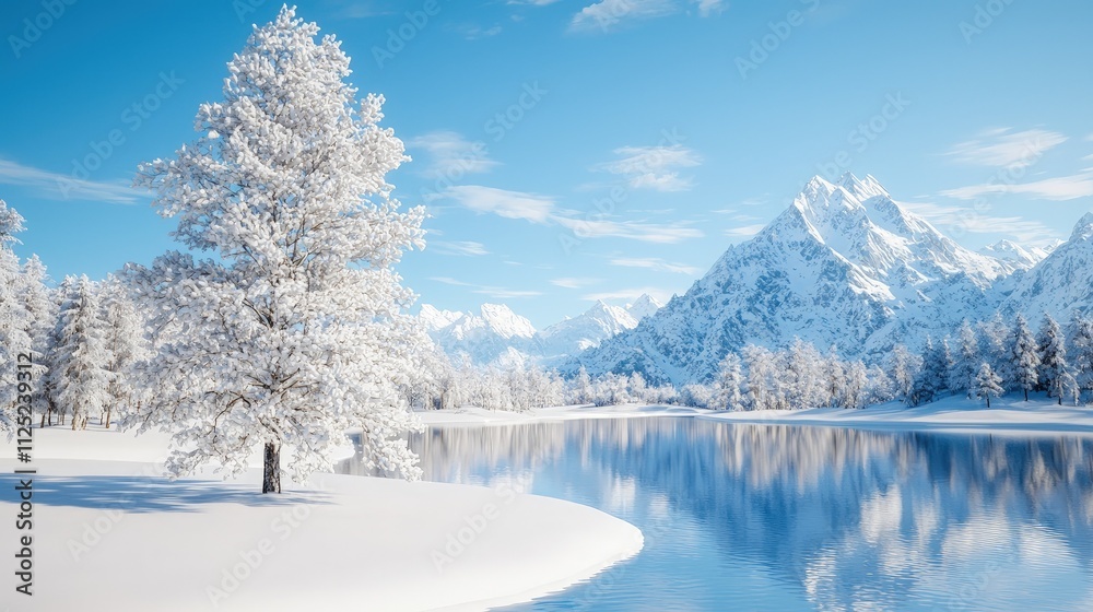 Snow-covered tree by a calm lake reflecting snowy mountains under a blue winter sky. Snow-covered tree by a calm lake reflecting snowy mountains under a blue winter sky.