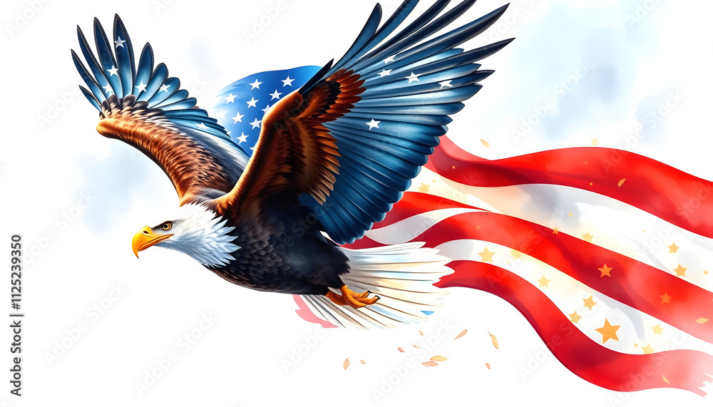 Fototapeta premium American focus eagle in flight with American flag watercolor, detailed, with white tones