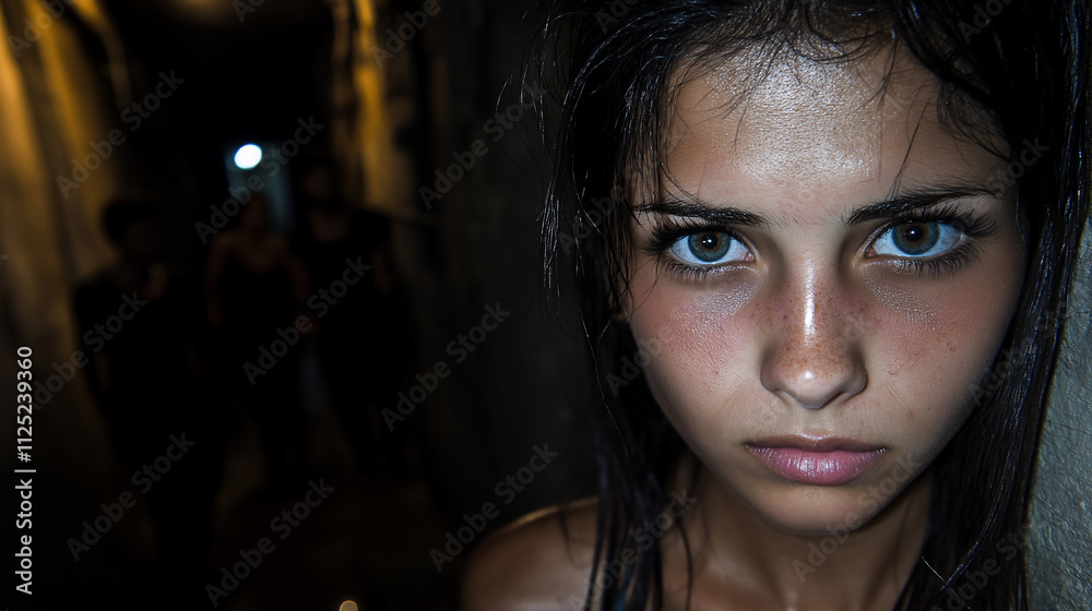 Close-Up of a Young Woman in a Dimly Lit Alleyway with Intense Expression Close-Up of a Young Woman in a Dimly Lit Alleyway with Intense Expression