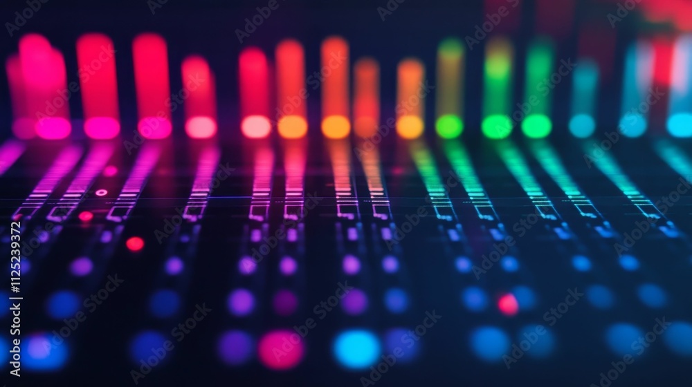 Rainbow-lit control panel, audio levels displayed. Rainbow-lit control panel, audio levels displayed.