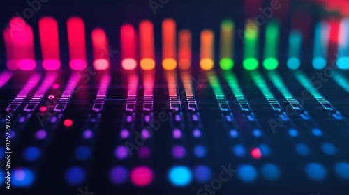 Rainbow-lit control panel, audio levels displayed.