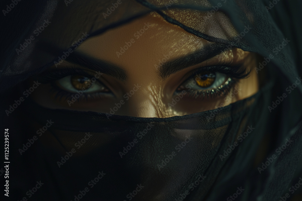 woman with long brown hair and brown eyes is wearing a black scarf. The scarf covers her face, leaving only her eyes visible. The image has a mysterious and exotic feel to it woman with long brown hair and brown eyes is wearing a black scarf. The scarf covers her face, leaving only her eyes visible. The image has a mysterious and exotic feel to it