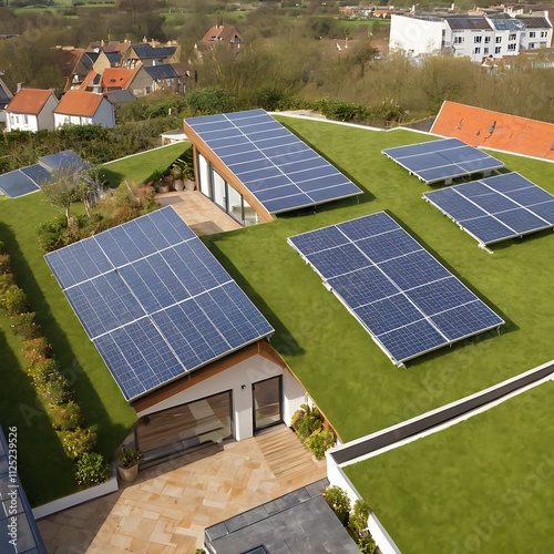 a house with a solar panel on the roof and a house with a house in the background
