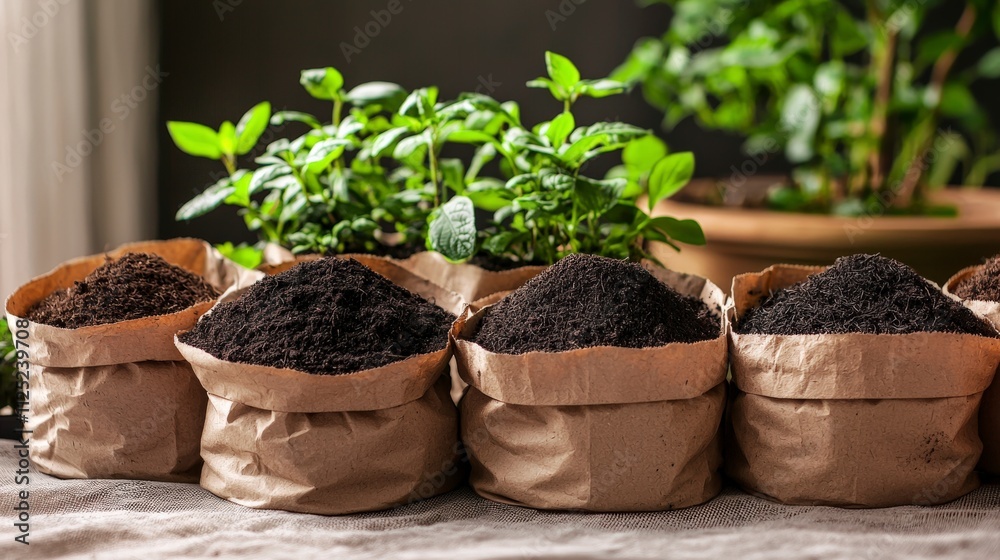 Organic fertilizer bags displayed on table in natural setting for gardening enthusiasts and eco-friendly practices Organic fertilizer bags displayed on table in natural setting for gardening enthusiasts and eco-friendly practices