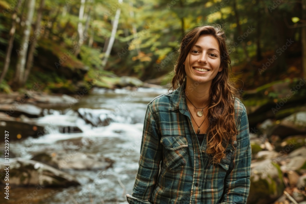 Portrait of a happy caucasian woman in her 30s dressed in a relaxed flannel shirt isolated on tranquil forest stream Portrait of a happy caucasian woman in her 30s dressed in a relaxed flannel shirt isolated on tranquil forest stream