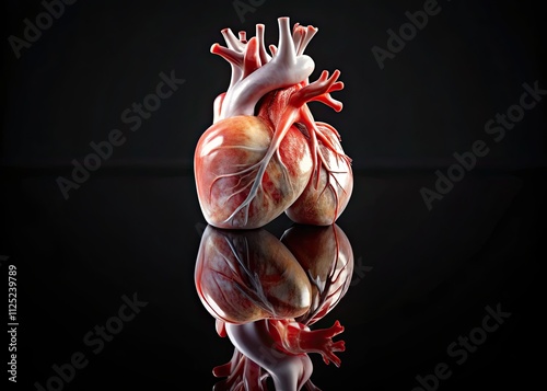 Reflective 3D heart anatomy, double exposed, black backdrop; a striking medical illustration. photo