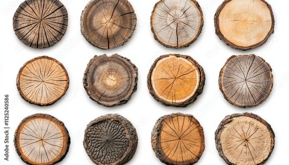 A collection of tree stumps showcasing various textures, colors, and growth rings, arranged neatly in a grid pattern. A collection of tree stumps showcasing various textures, colors, and growth rings, arranged neatly in a grid pattern.