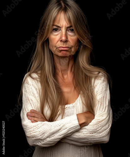 An upset, disappointed or disapproving woman, isolated on black. Older caucasian woman with blonde hair, arms crossed in a defiant, reluctant or angry pose, expressive portrait, pouting, pouty