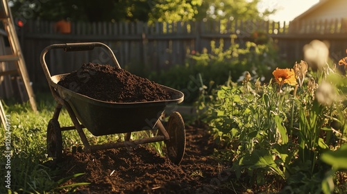 Gardening actionwheelbarrow full of fresh soil in backyard garden nature content bright environment low angle viewpoint photo