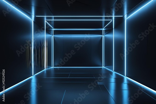 3D rendering abstract dark empty scene blue neon light on black background