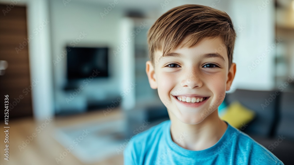 Boy with blonde hair and blue shirt is smiling Boy with blonde hair and blue shirt is smiling