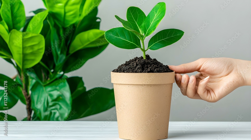 Nurturing New Growth: A hand gently touches a young plant in a terracotta pot, symbolizing growth, care, and the beauty of nature. Nurturing New Growth: A hand gently touches a young plant in a terracotta pot, symbolizing growth, care, and the beauty of nature.
