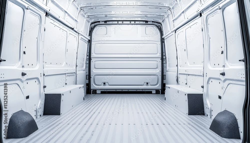 A spacious, empty cargo van interior featuring white walls and a clean floor, ideal for transporting goods or equipment. A spacious, empty cargo van interior featuring white walls and a clean floor, ideal for transporting goods or equipment.