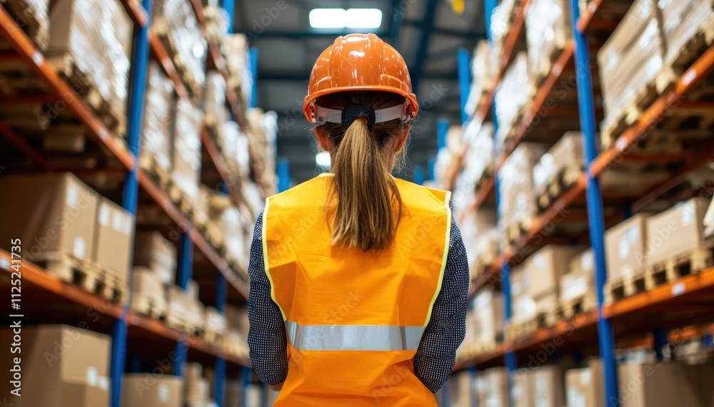 A worker in a safety vest and helmet surveys a warehouse aisle filled with stacked cardboard boxes. A worker in a safety vest and helmet surveys a warehouse aisle filled with stacked cardboard boxes.