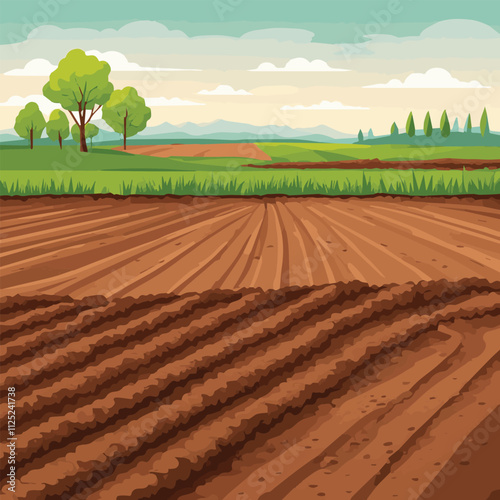 Spring green fields landscape with mountain, blue sky and clouds background, Panorama peaceful rural natural in springtime with green grass land. Cartoon vector illustration for spring.