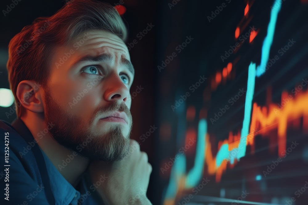 A thoughtful man gazes at a glowing financial graph, analyzing data trends with a focused expression in a tech-inspired environment. A thoughtful man gazes at a glowing financial graph, analyzing data trends with a focused expression in a tech-inspired environment.
