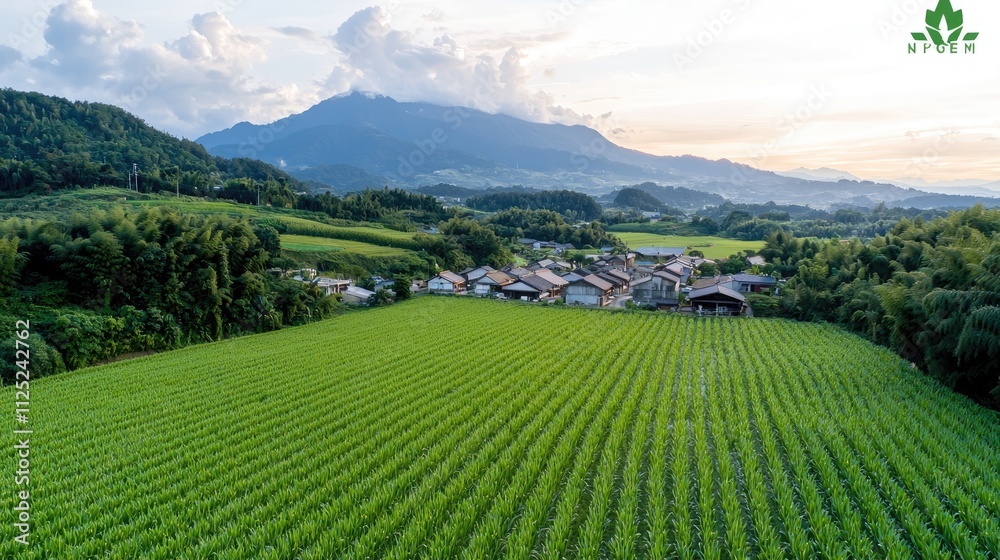 Serene rural landscape Rows of corn fields, houses, and mountains at sunset. Serene rural landscape Rows of corn fields, houses, and mountains at sunset.