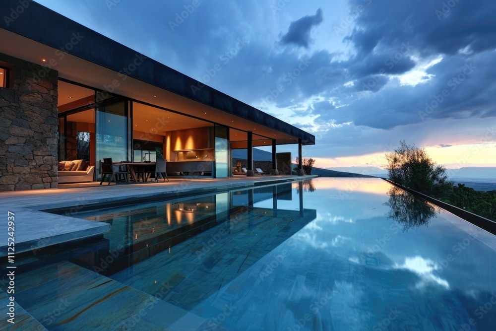 Luxury Modern House with Swimming Pool and Garden, Outdoor Lifestyle Concept Luxury Modern House with Swimming Pool and Garden, Outdoor Lifestyle Concept