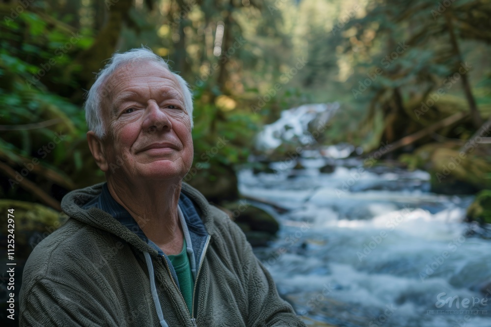 Portrait of a blissful caucasian man in his 60s wearing a zip-up fleece hoodie on tranquil forest stream Portrait of a blissful caucasian man in his 60s wearing a zip-up fleece hoodie on tranquil forest stream