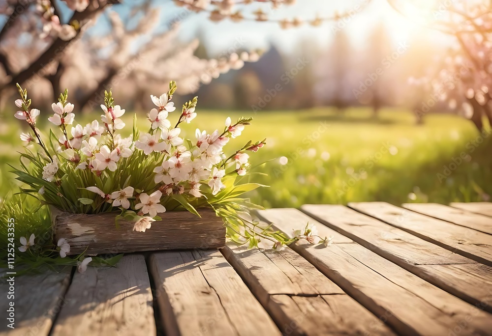 Empty wooden table with blurred blossoming tree on background Empty wooden table with blurred blossoming tree on background