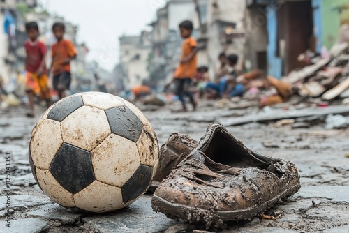 A soccer ball and a broken, mud-stained shoe are seen in the backdrop, while underprivileged kids play on the street. Generative Ai photo