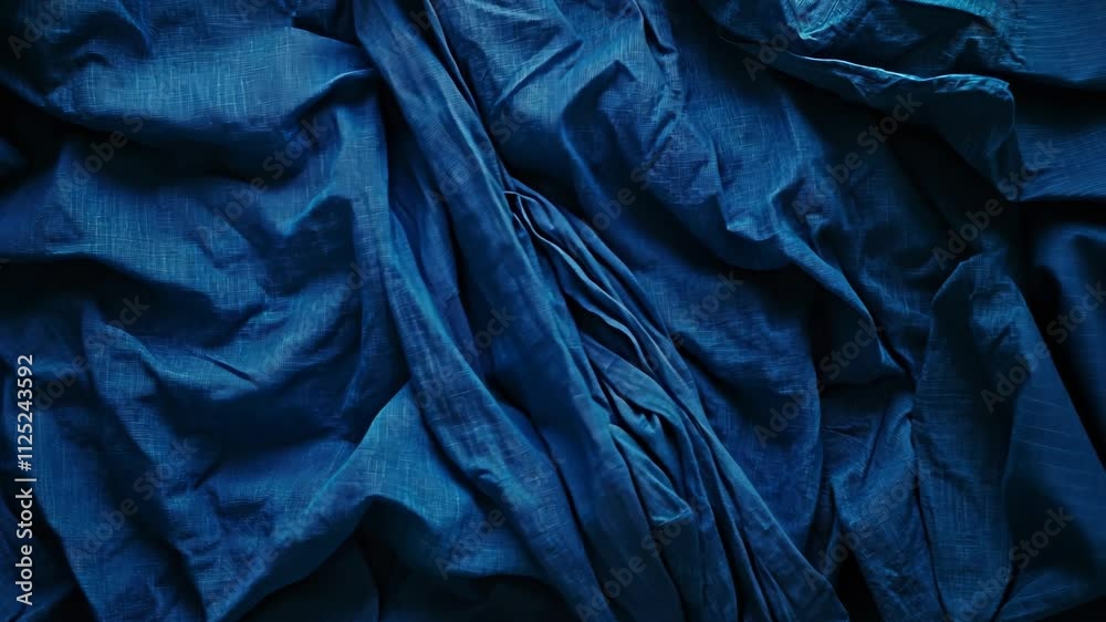 Deep blue fabric draped elegantly reveals texture and detail in soft folds under gentle lighting Deep blue fabric draped elegantly reveals texture and detail in soft folds under gentle lighting