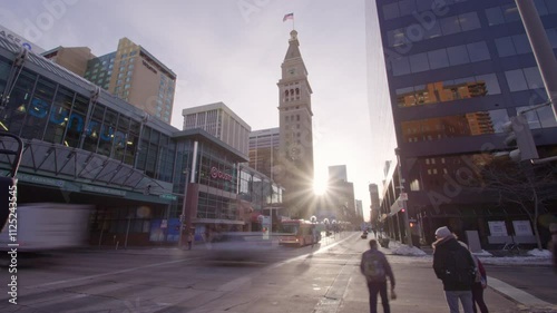 Timelapse of downtown Denver Colorado along 16th Street near sunset