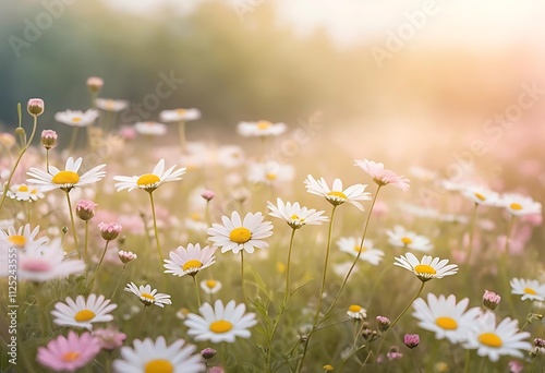 Composition of many beautiful white camomiles growing on a meadow photo