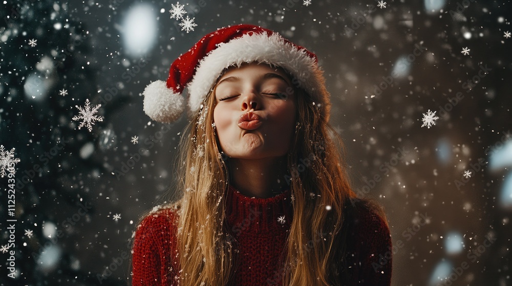 A girl in a red knitted pullover and Santa hat, blowing a kiss surrounded by floating snowflakes indoors A girl in a red knitted pullover and Santa hat, blowing a kiss surrounded by floating snowflakes indoors
