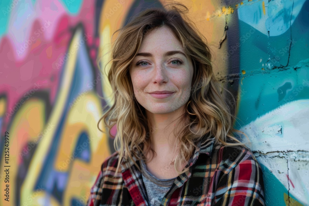 Portrait of a satisfied caucasian woman in her 30s wearing a comfy flannel shirt on vibrant graffiti wall Portrait of a satisfied caucasian woman in her 30s wearing a comfy flannel shirt on vibrant graffiti wall