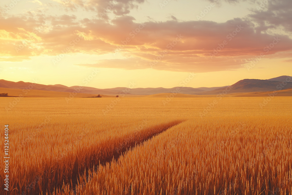 Golden wheat field under vibrant sunset with distant hills and clouds. Generative AI Golden wheat field under vibrant sunset with distant hills and clouds. Generative AI
