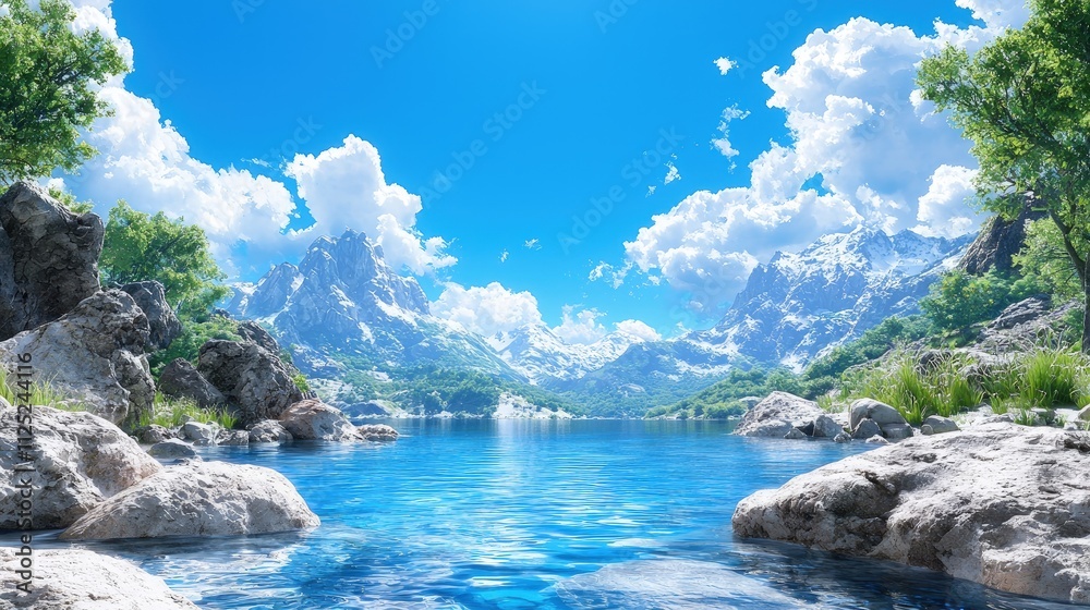 Fototapeta premium Serene mountain lake scene with clear blue water, snow-capped peaks, lush green trees, and fluffy white clouds under a bright sunny sky.