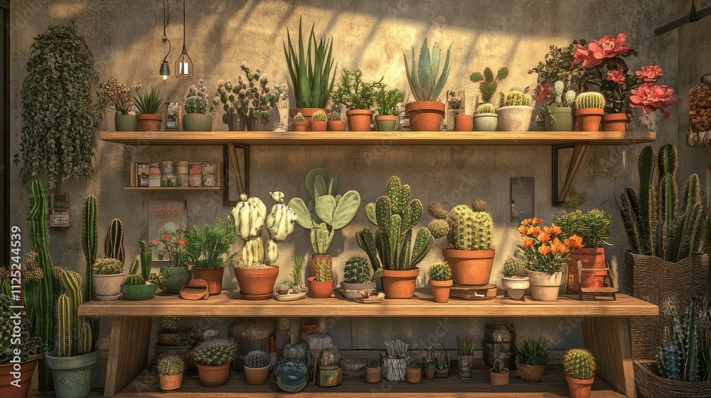 Aesthetic home with cactus and plants on a wooden shelf Aesthetic home with cactus and plants on a wooden shelf