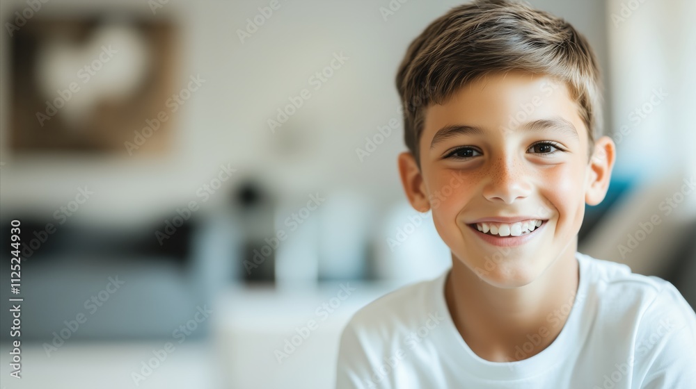Boy is smiling and wearing a white shirt