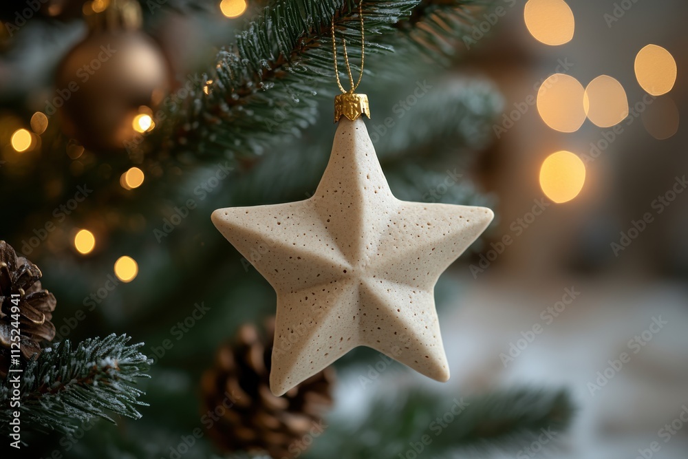 A decorative star ornament hangs on a Christmas tree, surrounded by warm, glowing lights. A decorative star ornament hangs on a Christmas tree, surrounded by warm, glowing lights.