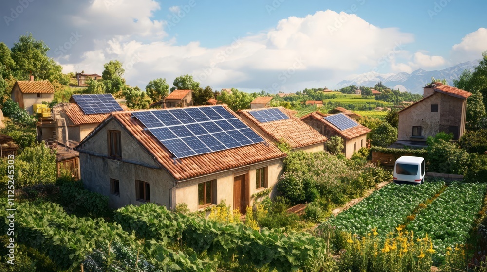 Sustainable homes with solar panels in nature. Sustainable homes with solar panels in nature.