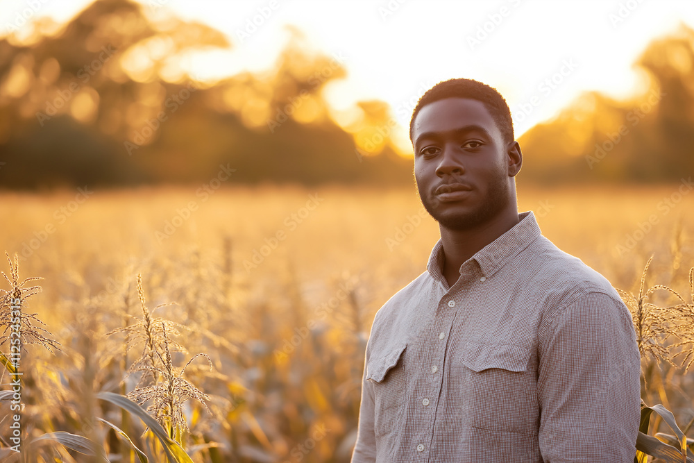 Obraz premium Young man stands in golden field under sunset reflecting peaceful moment. Generative AI