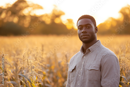 Young man stands in golden field under sunset reflecting peaceful moment. Generative AI