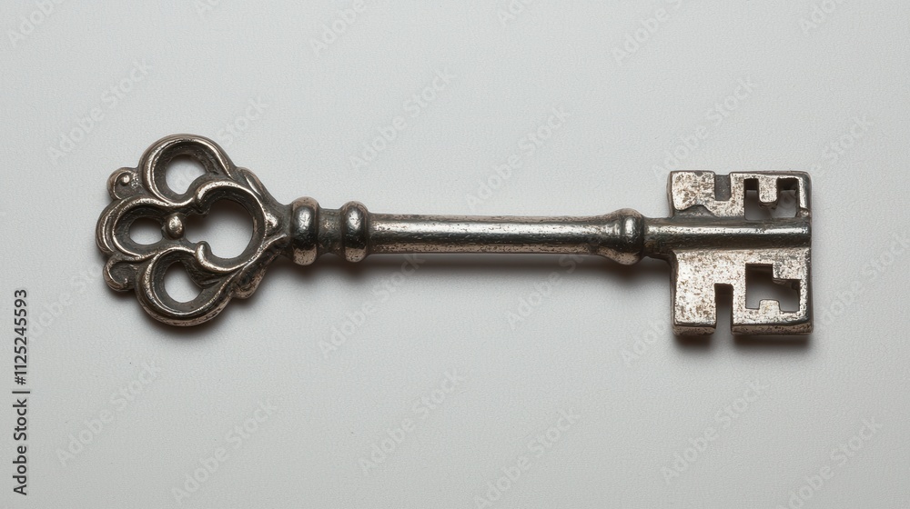 Isolated Close Up of an Antique Key on a Clean Surface with Intricate Design Isolated Close Up of an Antique Key on a Clean Surface with Intricate Design